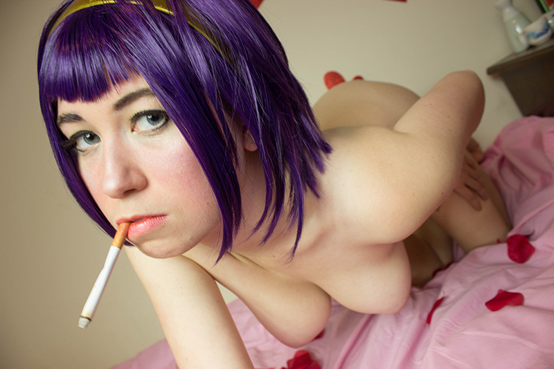 all_fours breasts cigarette cosplay cowboy_bebop faye_valentine female front_view hairband nipples nude purple_hair short_hair smoking smoking_fetish usatame