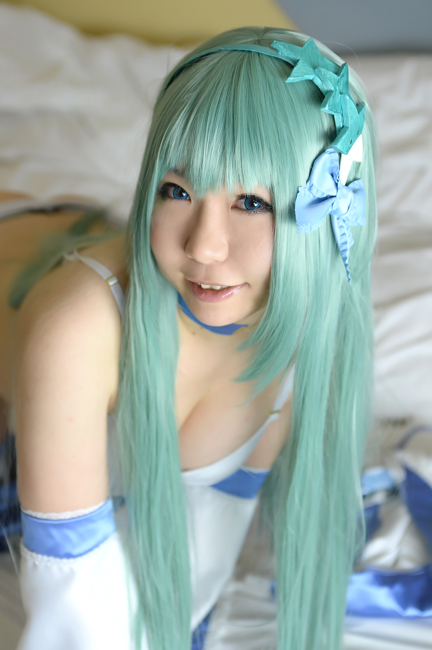 asian bed breasts female green_hair hairband higurashi_rin long_hair socks solo watermark