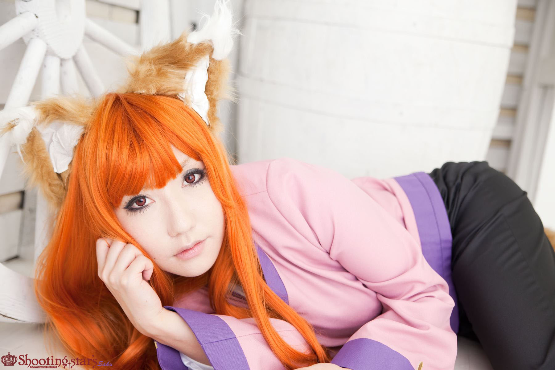 animal_ears asian breasts cosplay female long_hair orange_hair shooting_star solo watermark