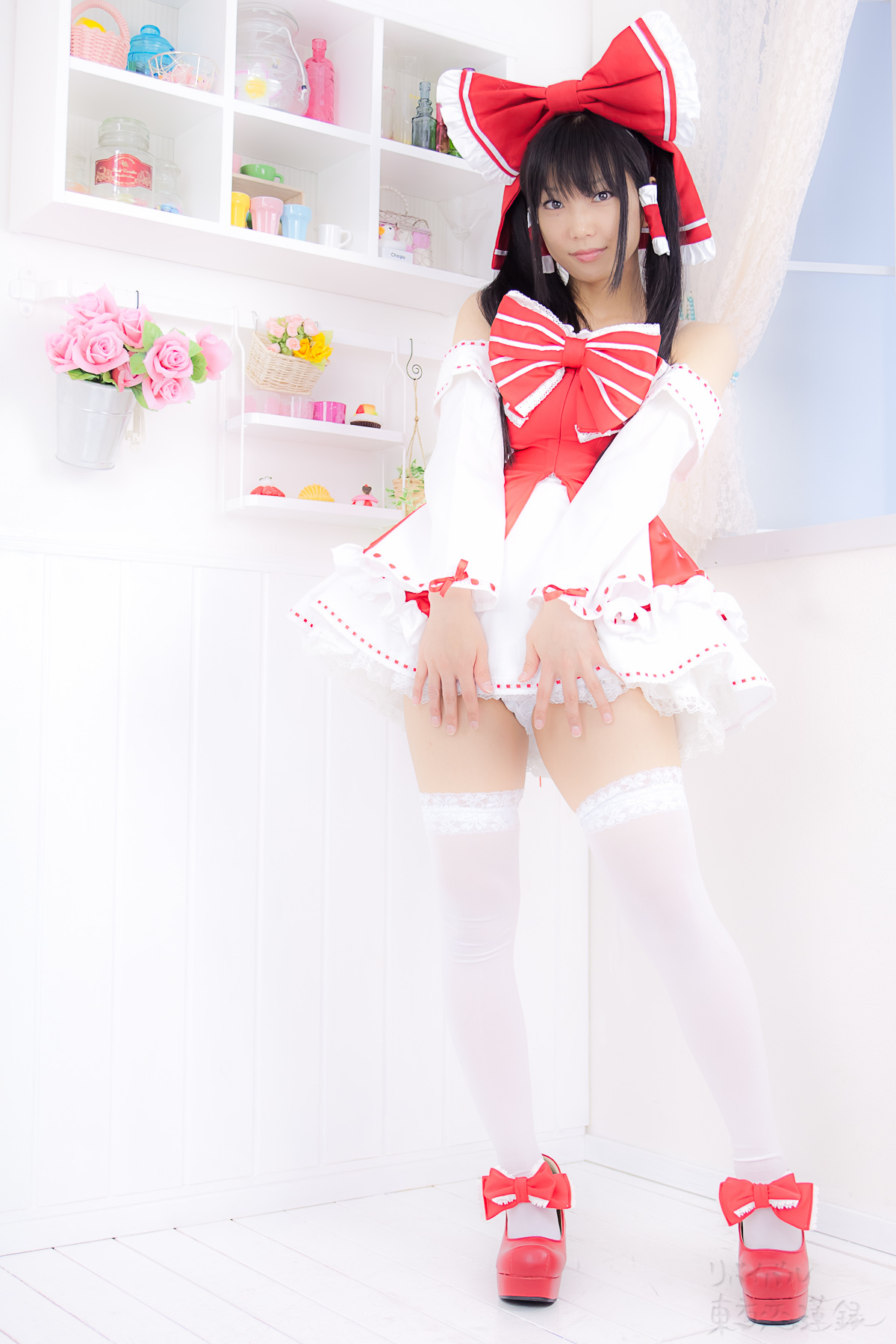 asian black_hair breasts cosplay dress female long_hair panties shoes solo thighhighs