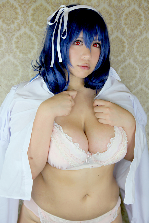blue_hair bra breasts chouzuki_maryou cleavage cosplay large_breasts long_hair midriff