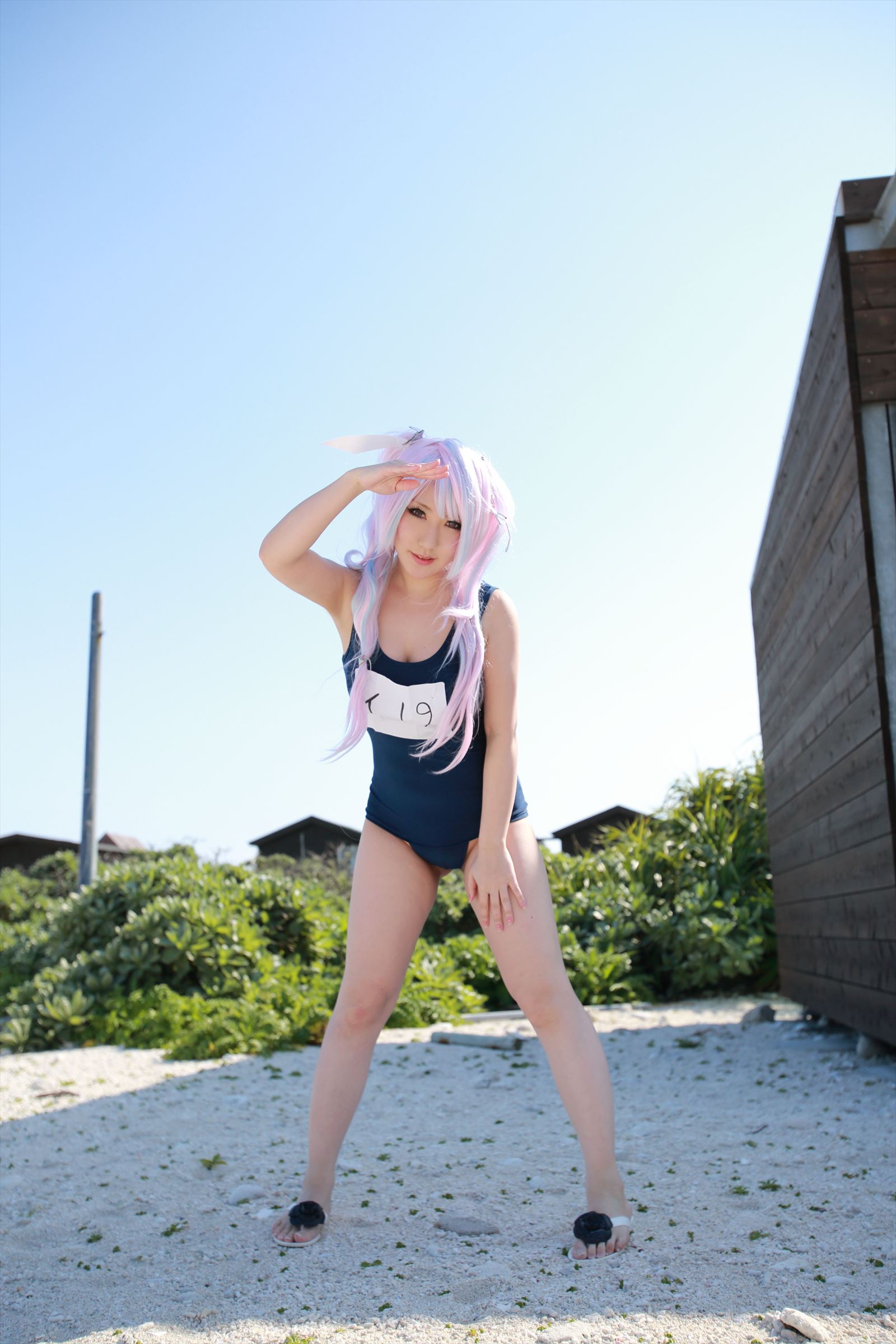 1girl asian blonde_hair breasts cosplay feet female flip_flops i-19_(kantai_collection) kantai_collection large_breasts long_hair sandals school_swimsuit shooting_star solo swimsuit toes