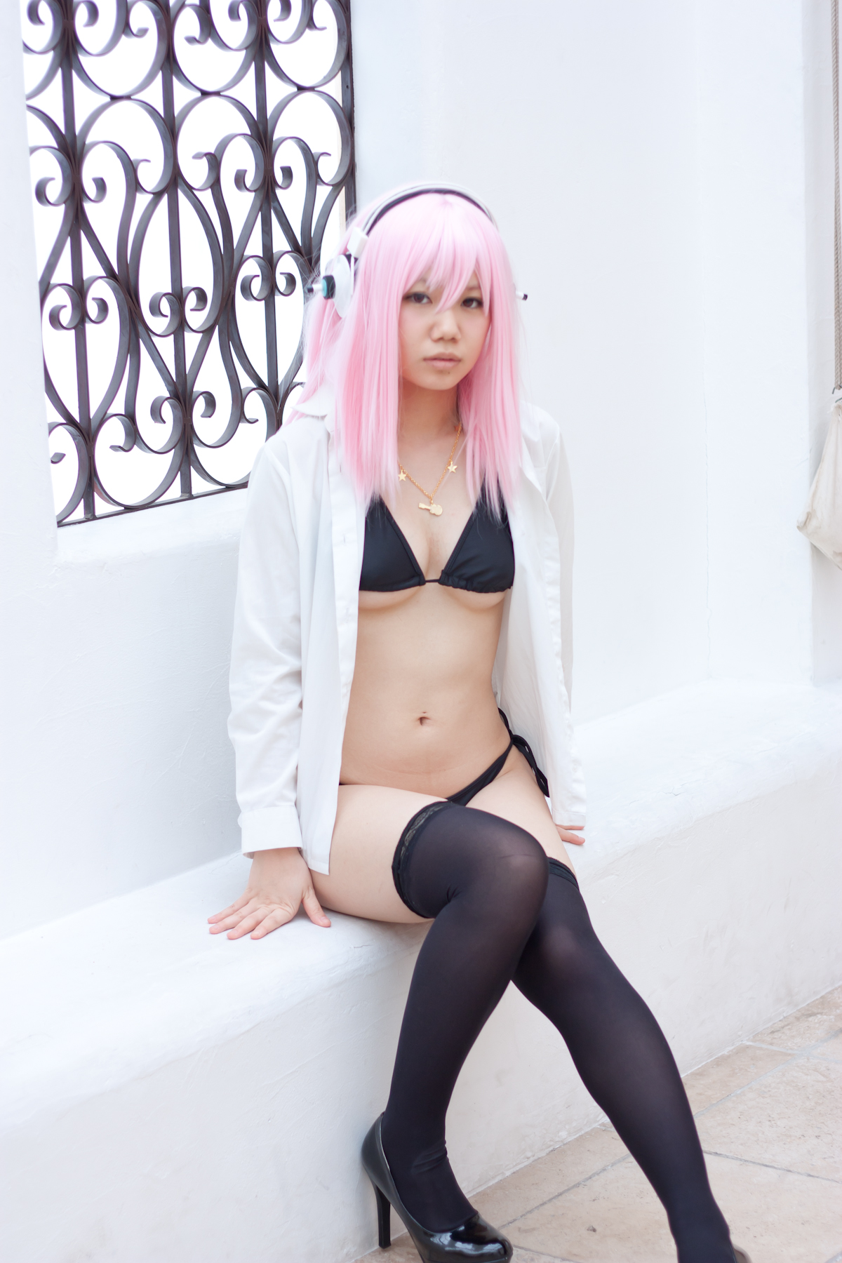 asian bikini breasts cosplay female headphones long_hair pink_hair solo