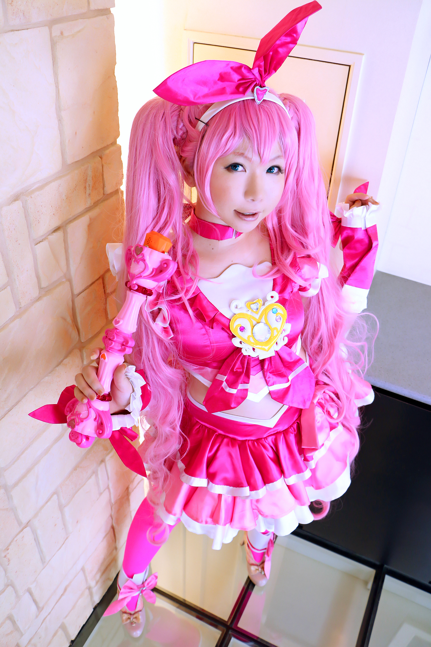 asian breasts cosplay female high_heels long_hair midriff pink_hair shoes skirt solo thighhighs twintails