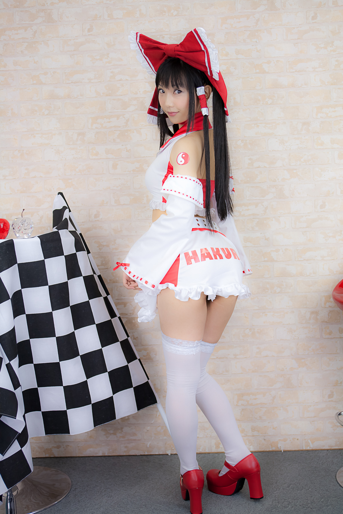 asian belt black_hair breasts cosplay female high_heels long_hair midriff shoes solo thighhighs