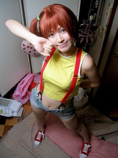 asian chuck_taylors cosplay denim denim_shorts female female_only misty_(pokemon) nintendo pokemon ponytail red_hair shoes shorts side_ponytail smile sneakers solo suspenders tied_hair