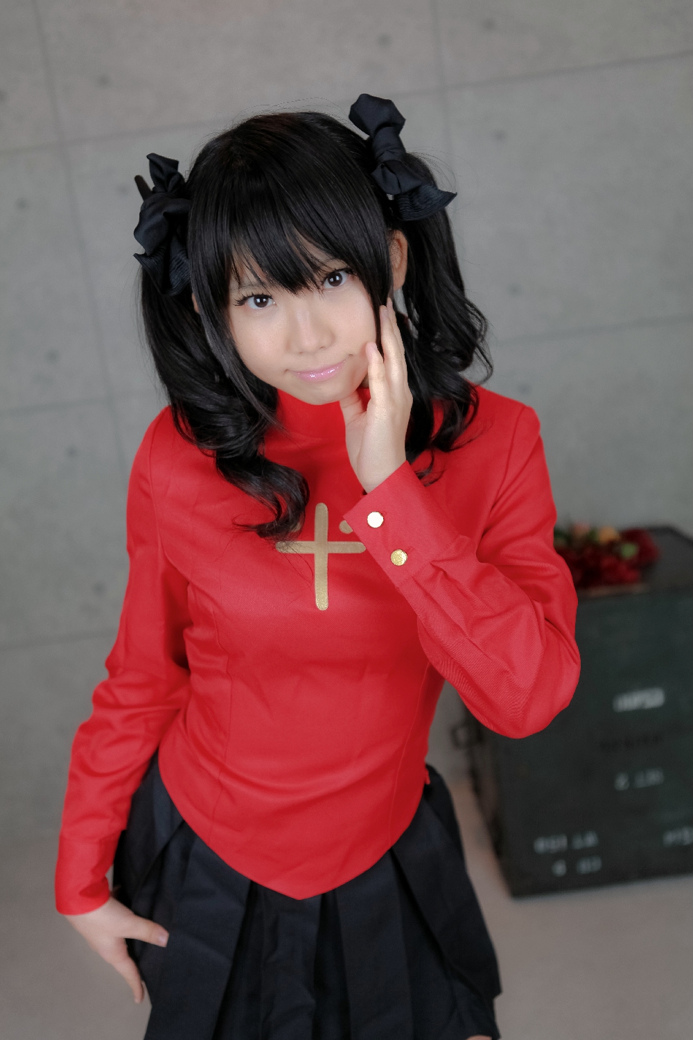 1girl asian black_hair breasts cosplay enako fate/stay_night fate_(series) female long_hair pigtails skirt solo tohsaka_rin twintails