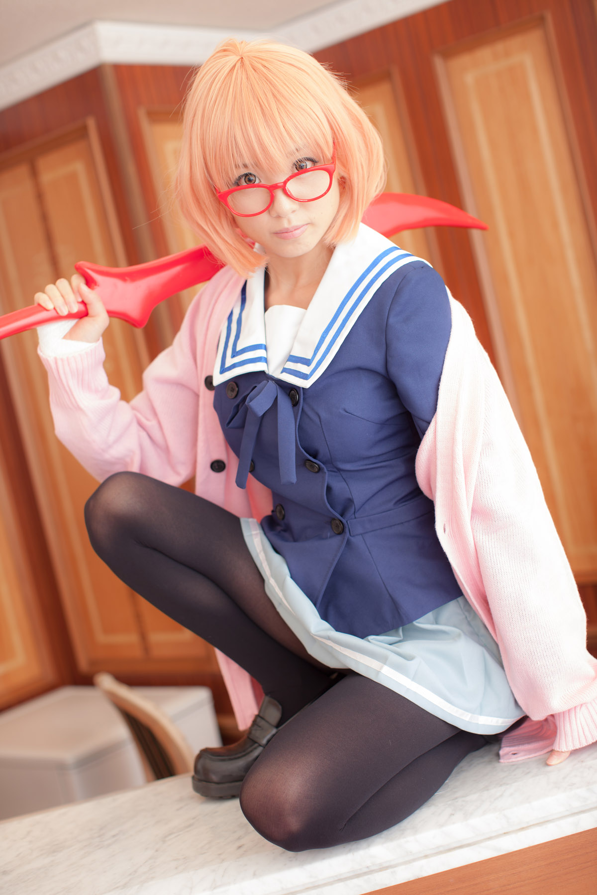 asian breasts cosplay female glasses high_heels pantyhose pink_hair shoes short_hair skirt solo sword weapon