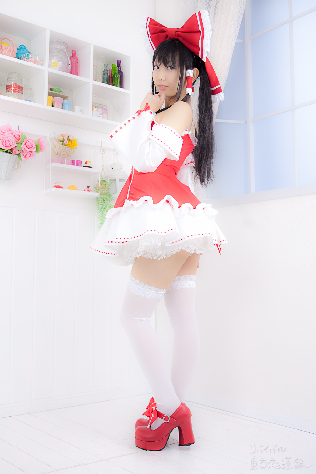 asian black_hair breasts cosplay dress female long_hair shoes solo thighhighs