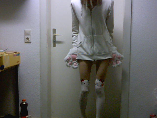 1boy crossdressing hoodie male male_only solo stockings white_hair