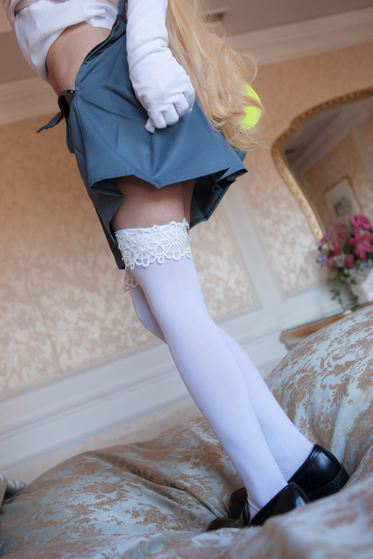 asian bed blonde_hair breasts cosplay female gloves handbag high_heels long_hair shoes skirt solo thighhighs undressing
