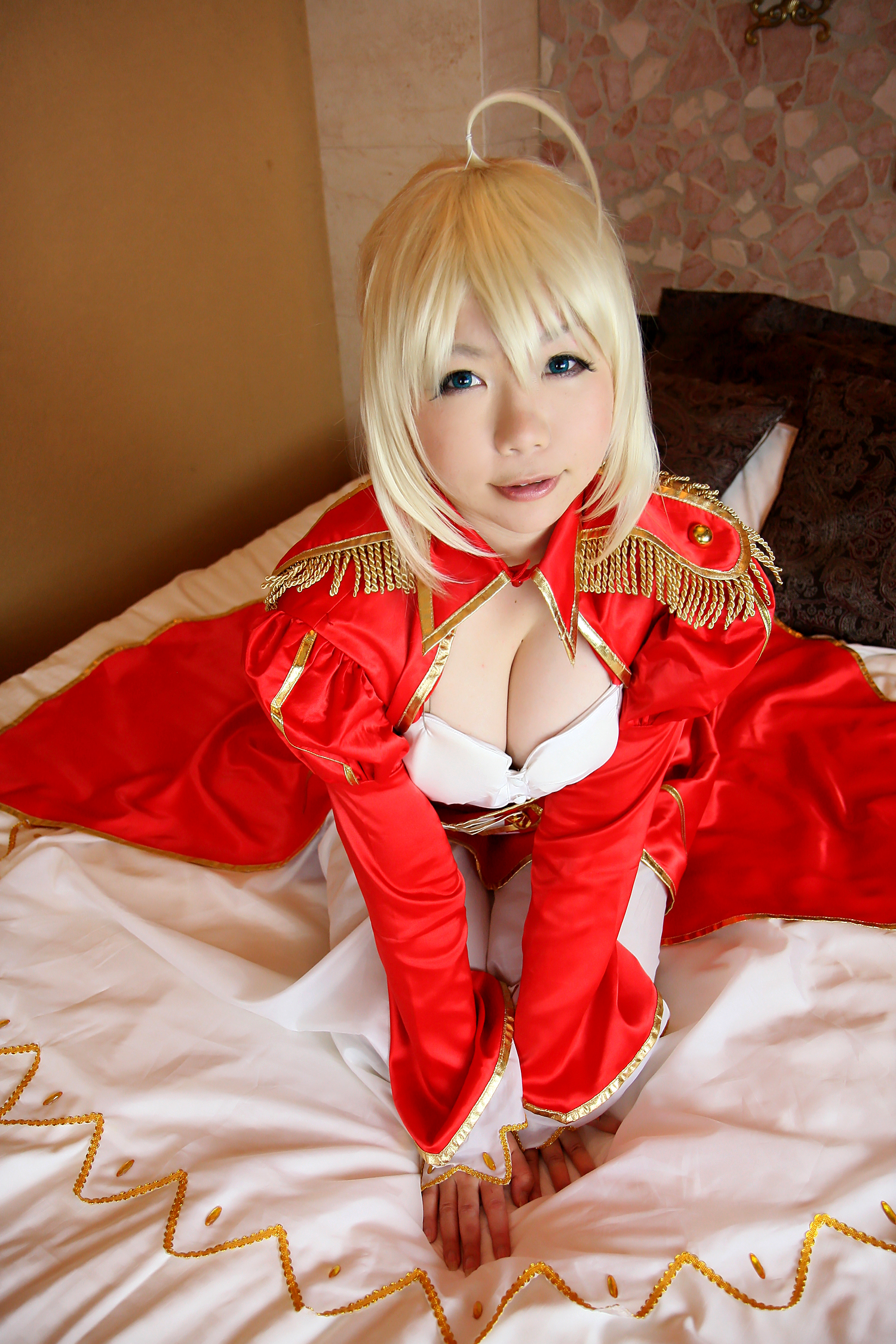 asian bed blonde_hair boots breasts cleavage cosplay dress female high_heels long_hair solo