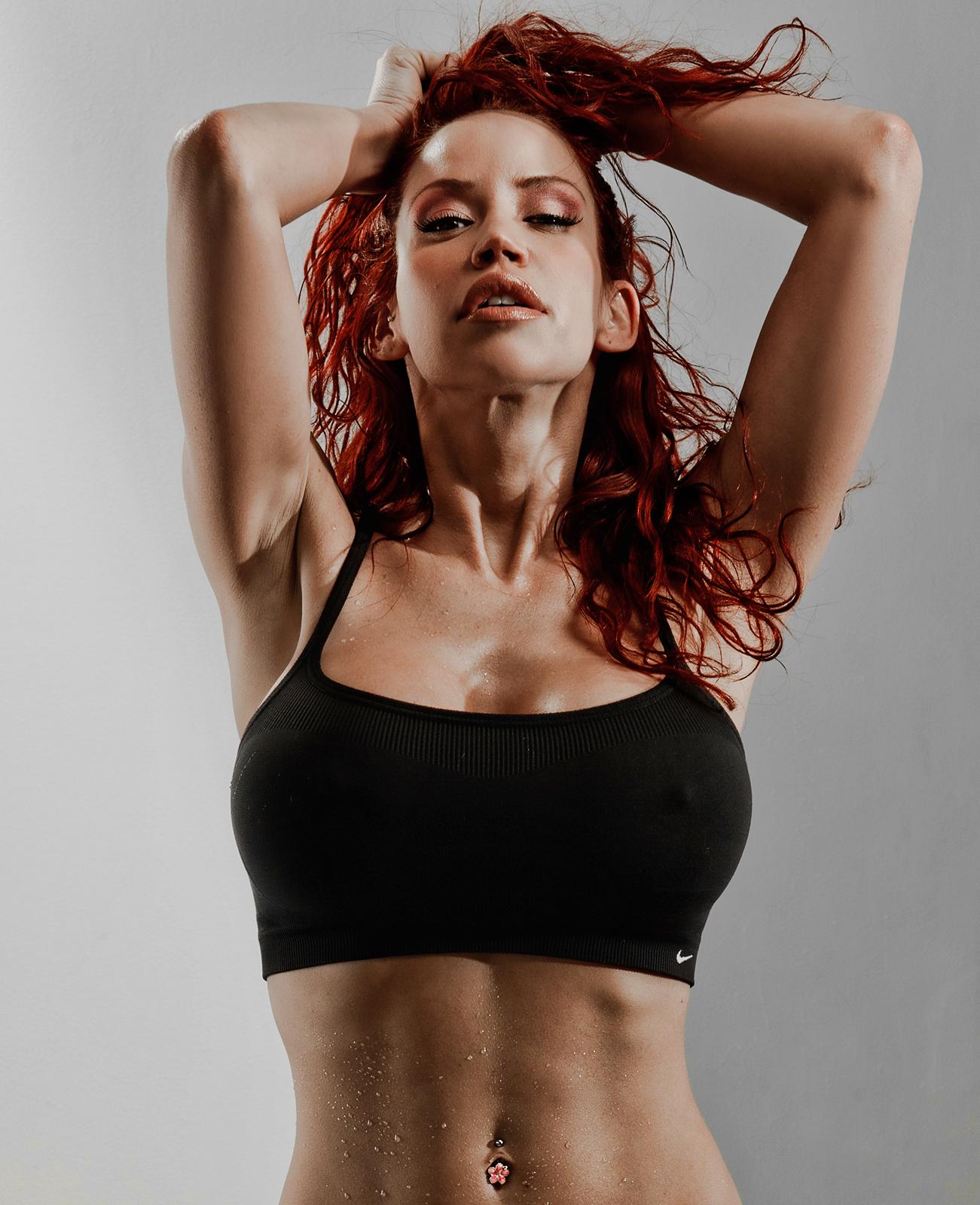 armpits arms_up bianca_beauchamp breasts female large_breasts long_hair red_hair solo watermark