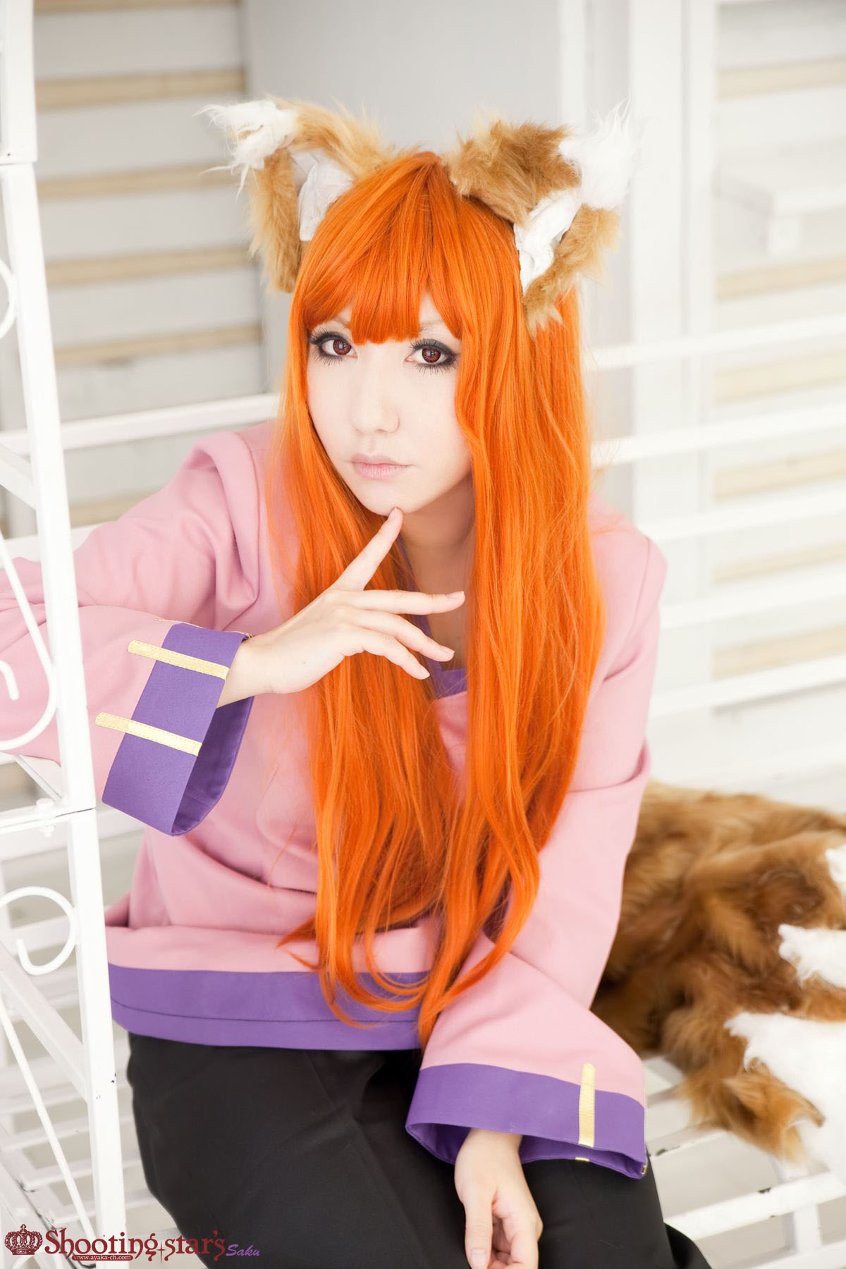 animal_ears asian breasts cosplay female long_hair orange_hair shooting_star solo watermark