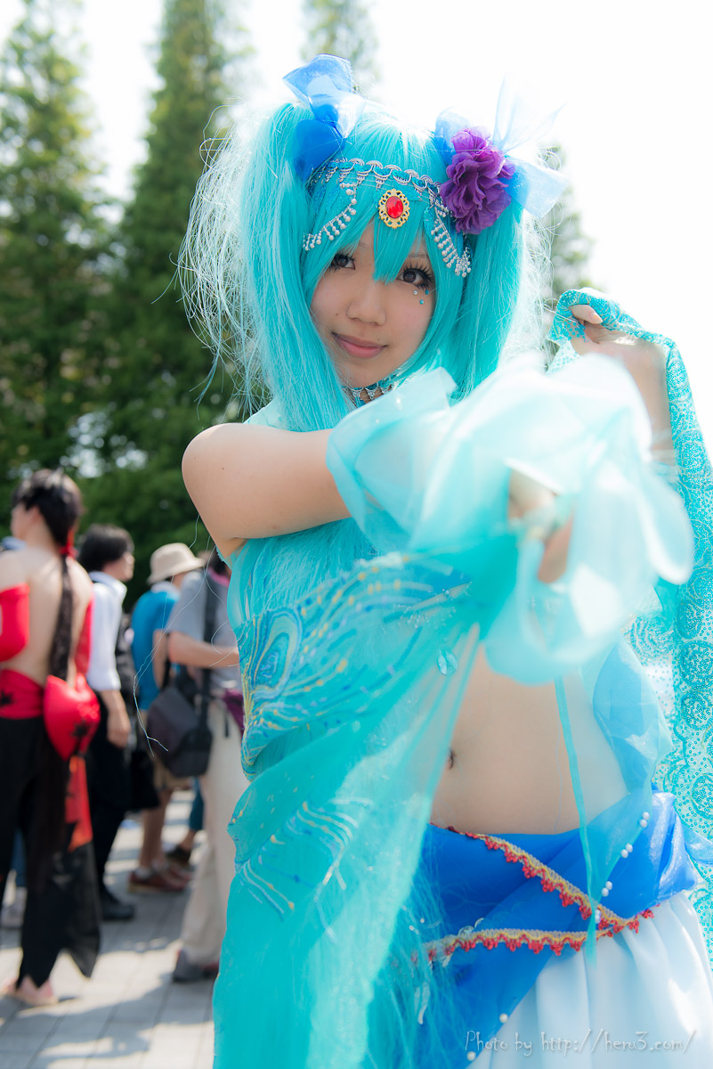 aqua_hair asian bare_shoulders breasts cosplay high_heels long_hair midriff navel outside pigtails shoes