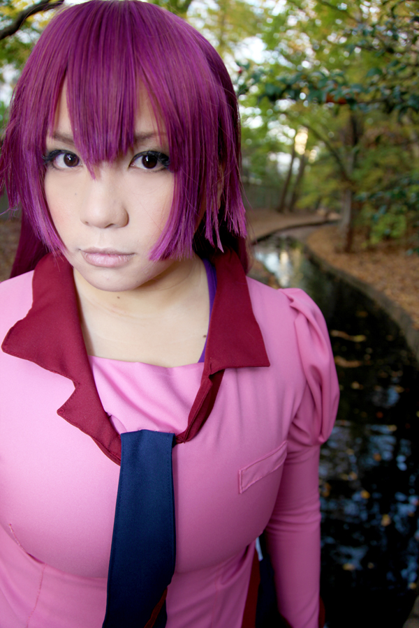 asian breasts chouzuki_maryou cosplay female huge_breasts long_hair necktie outside purple_hair skirt socks solo
