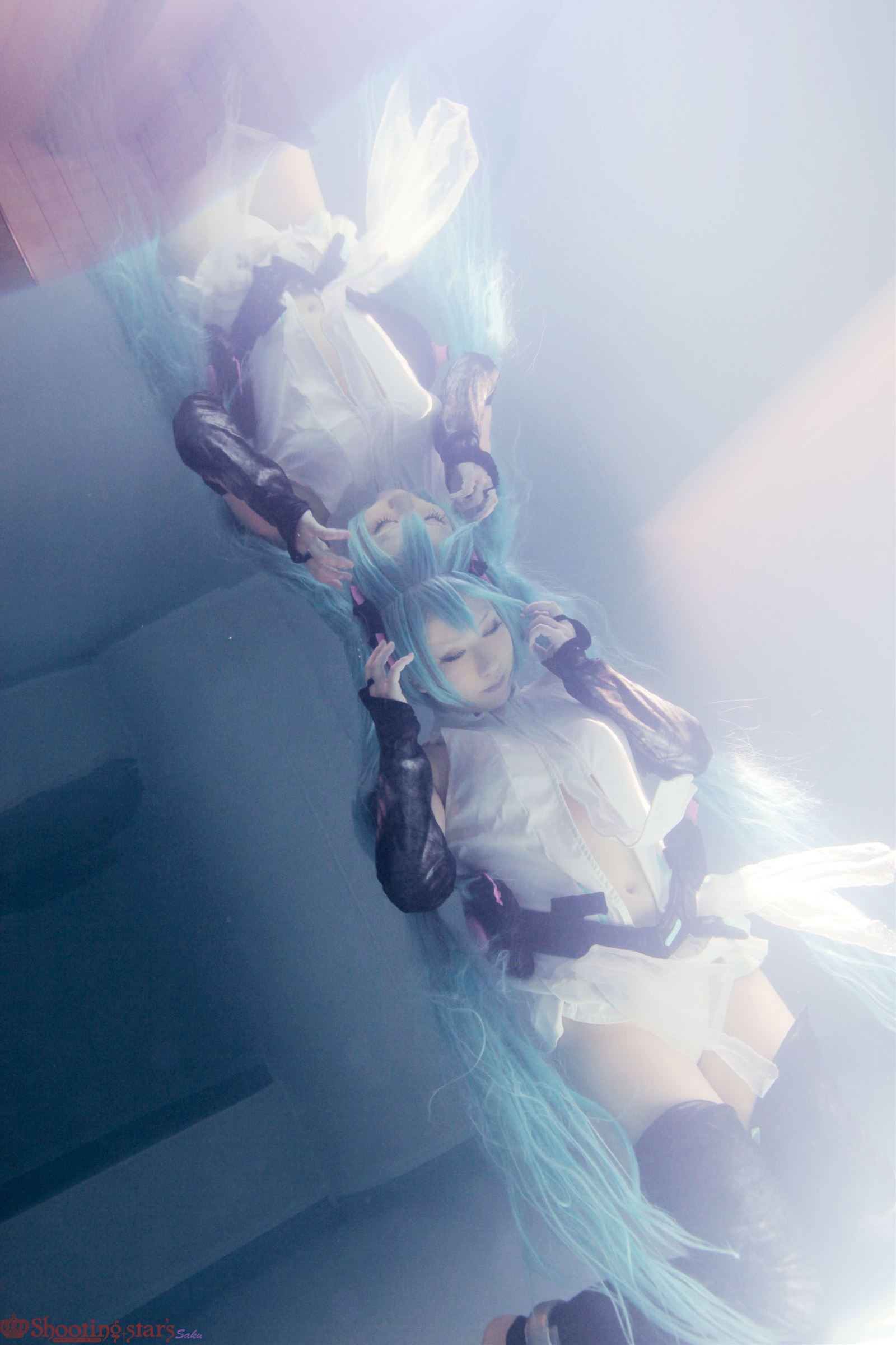 aqua_hair asian breasts cosplay elbow_gloves female gloves long_hair pigtails shooting_star solo watermark