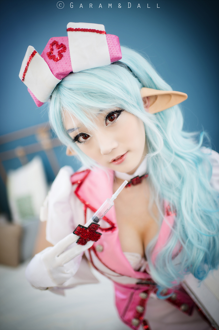 aqua_hair asian bed breasts cosplay elf female hat long_hair nurse solo watermark