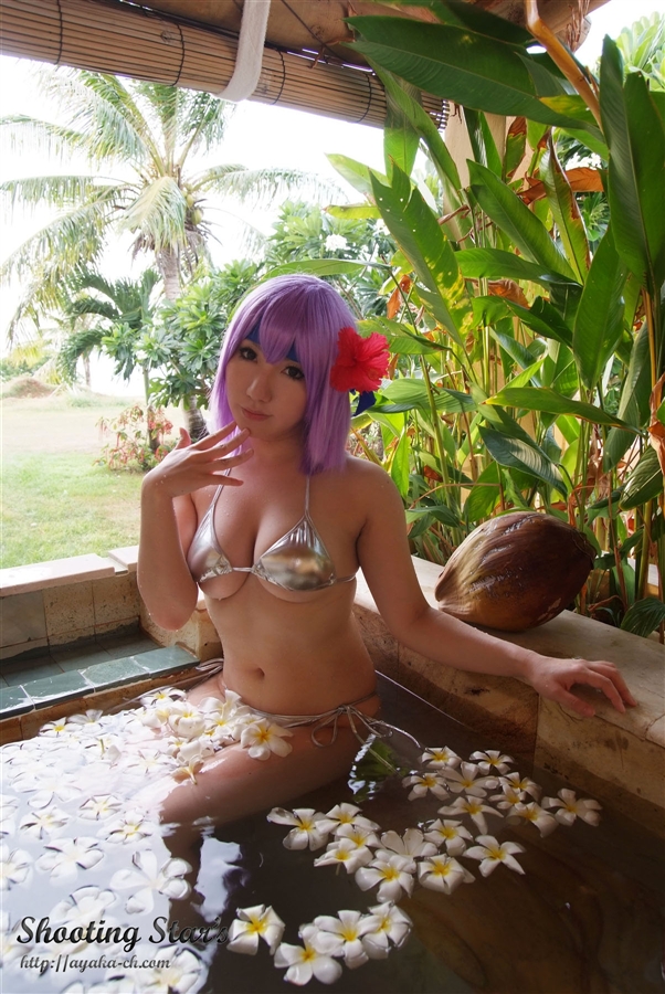 asian breasts cosplay female large_breasts purple_hair shooting_star short_hair solo