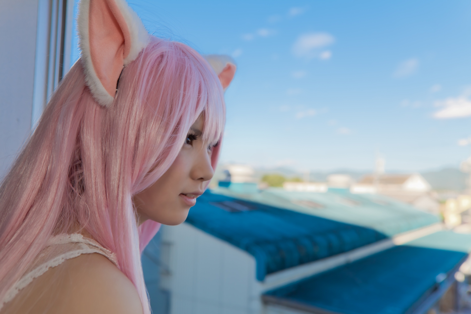 animal_ears asian breasts cosplay enako female long_hair pink_hair solo