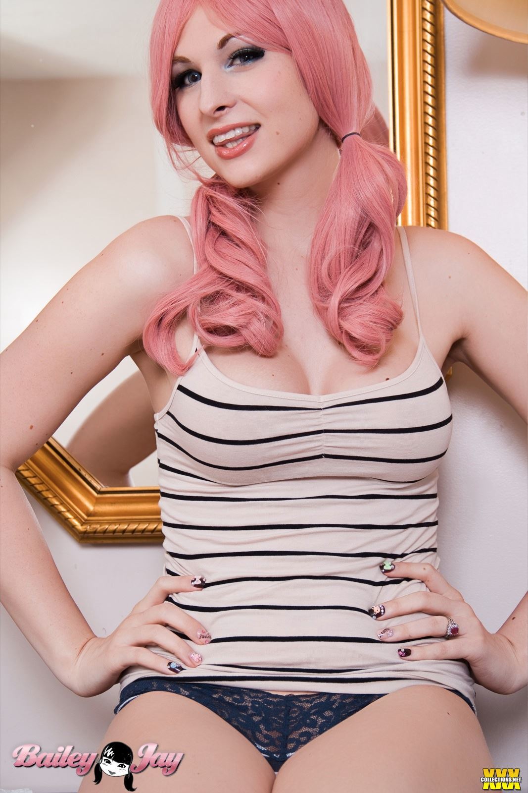 bailey_jay breasts lamp large_breasts long_hair mirror pigtails pink_hair shemale solo watermark