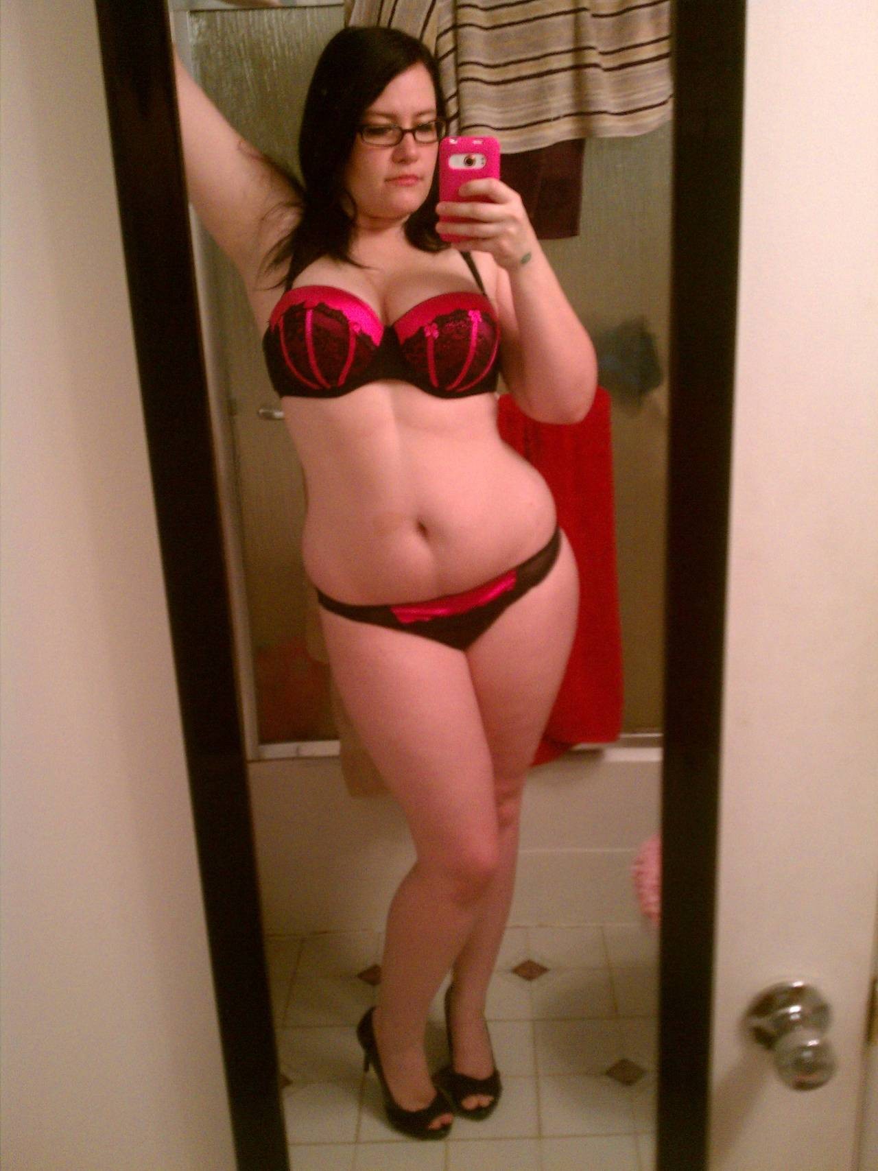 arm_raised bra brown_hair cleavage curvy heels long_hair panties self_shot skin_indentation underwear wide_hips