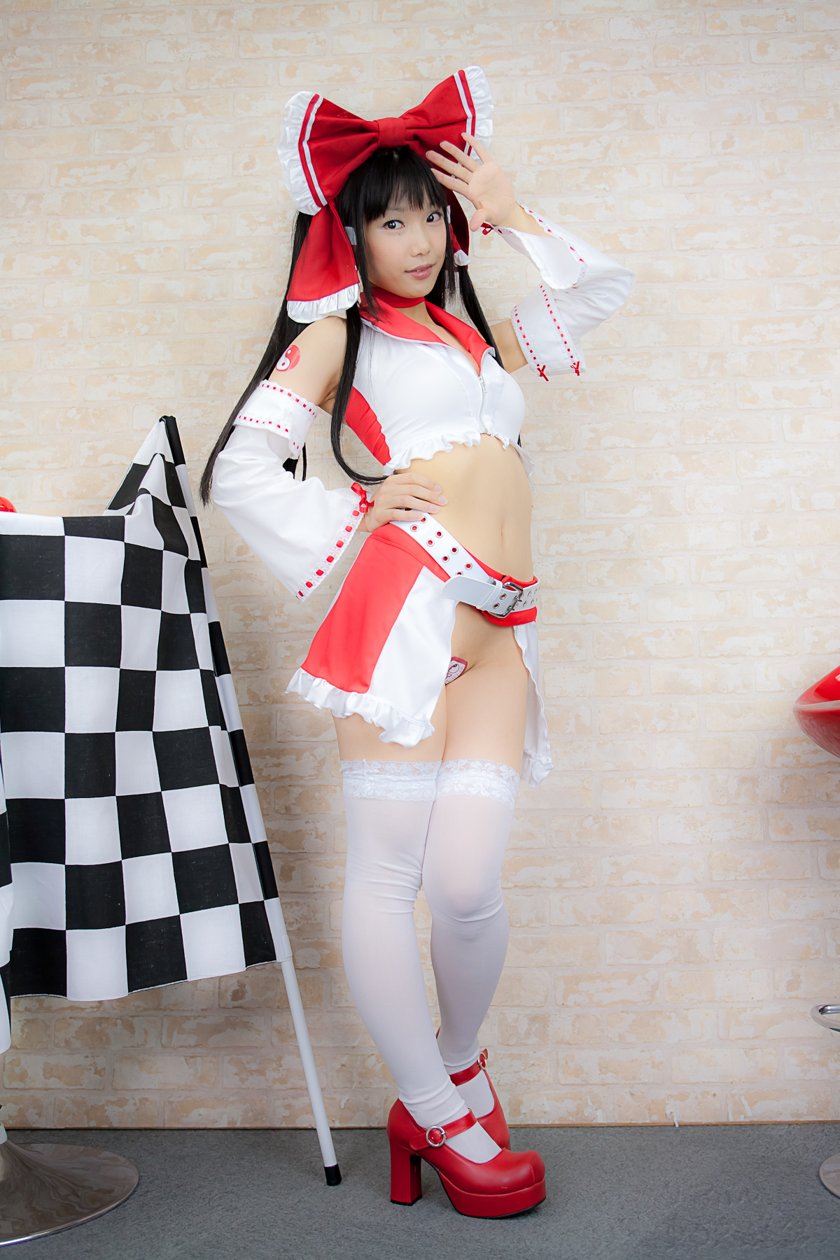 asian belt black_hair breasts cosplay female high_heels long_hair midriff shoes solo thighhighs