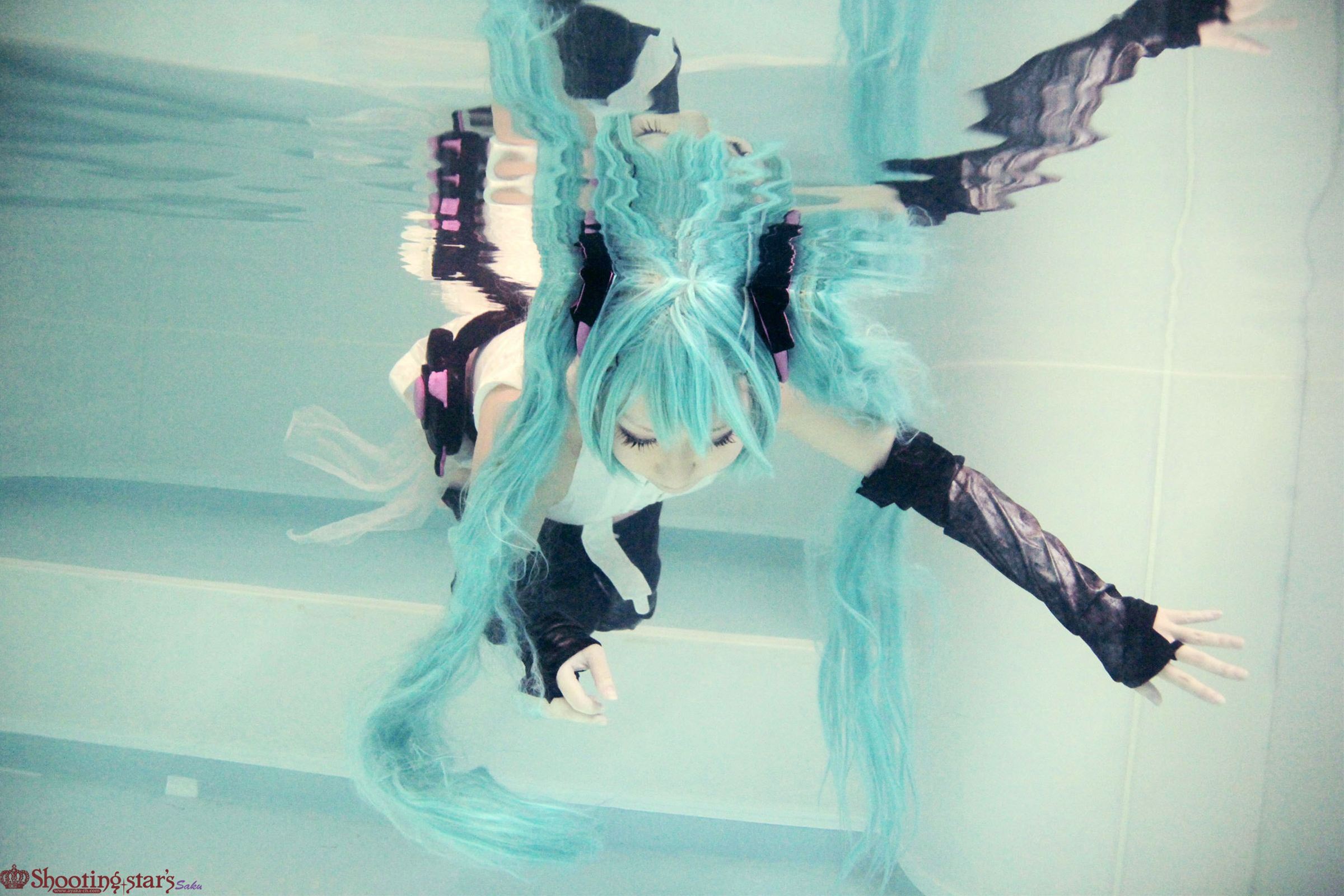 aqua_hair asian breasts cosplay elbow_gloves female gloves long_hair pigtails shooting_star solo watermark