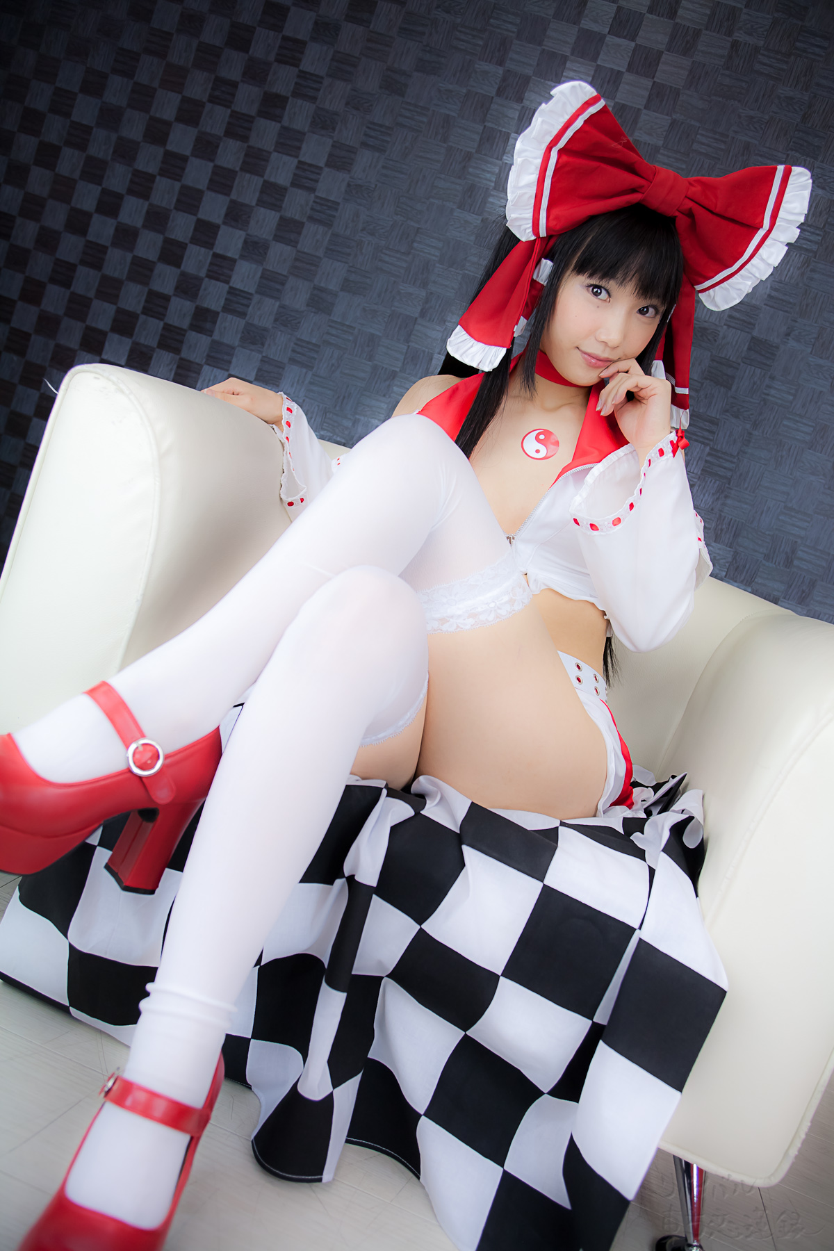 asian belt black_hair breasts cosplay female high_heels long_hair midriff shoes solo thighhighs