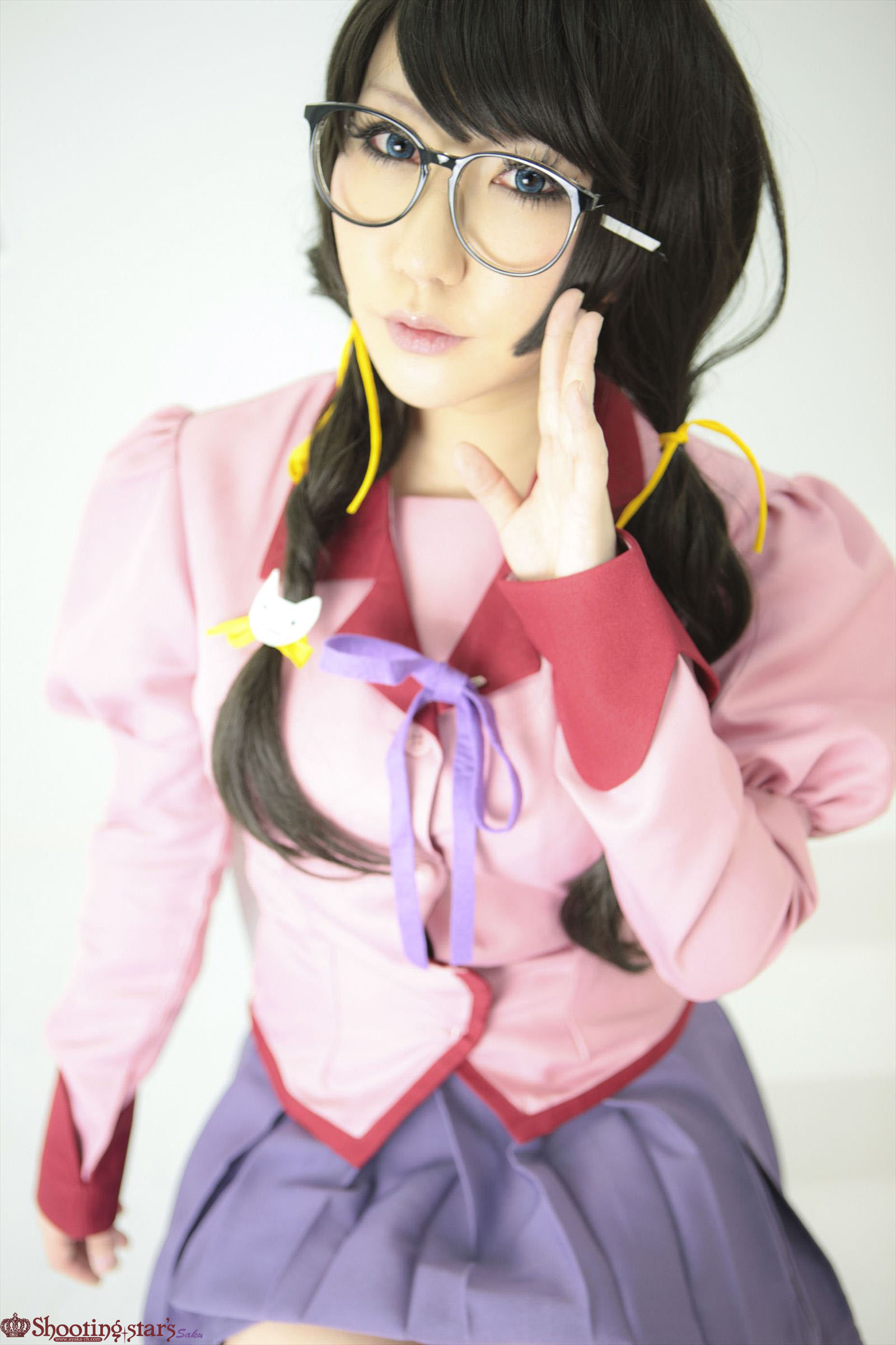 asian black_hair breasts cosplay female glasses high_heels kneehighs long_hair shoes shooting_star skirt solo watermark