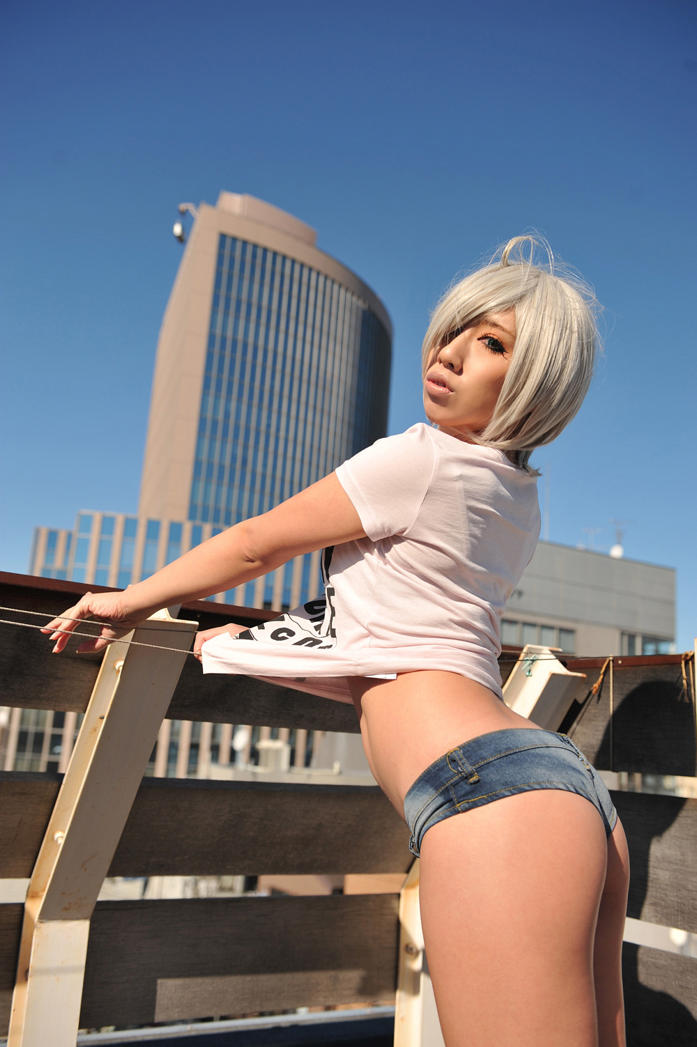 asian ass boots breasts female hotpants large_breasts looking_back nonsummerjack shirt short_hair solo white_hair