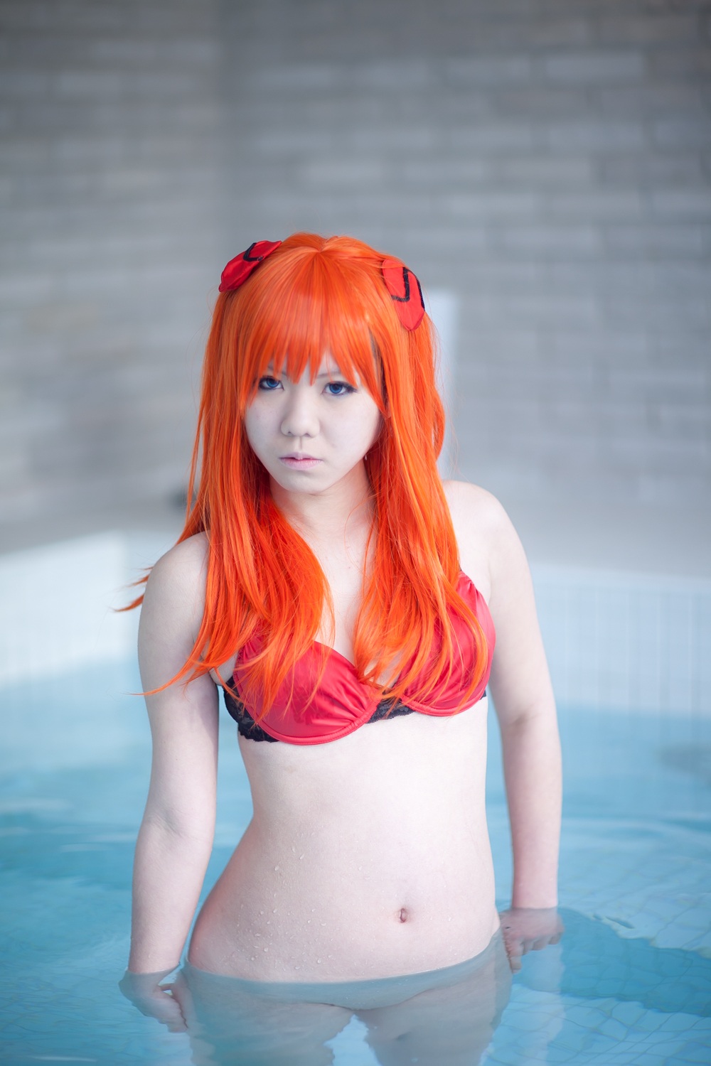 asian asuka_langley_sohryu breasts cosplay female long_hair navel neon_genesis_evangelion orange_hair solo