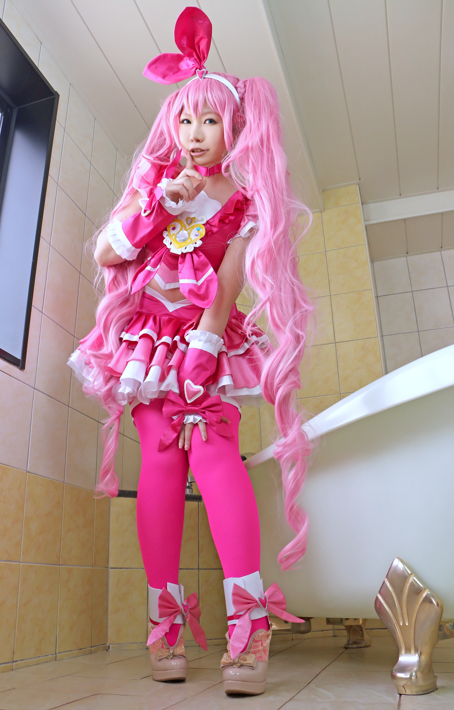 asian breasts cosplay female high_heels long_hair midriff pink_hair shoes skirt solo thighhighs twintails