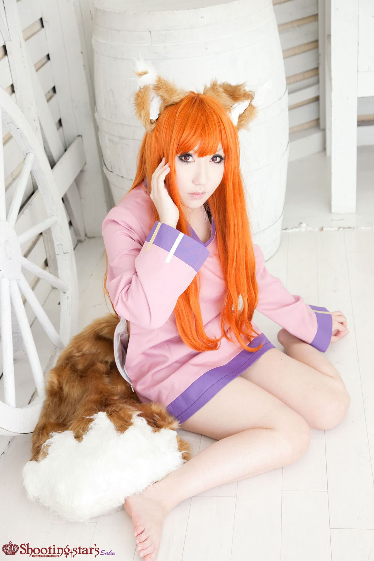 animal_ears asian breasts cosplay female long_hair orange_hair shooting_star solo watermark