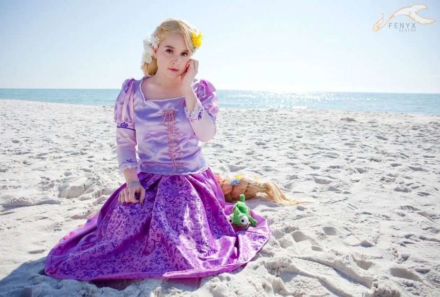 1girl beach blonde_hair breasts cosplay female foxycosplay long_hair outside rapunzel sand solo tagme tangled