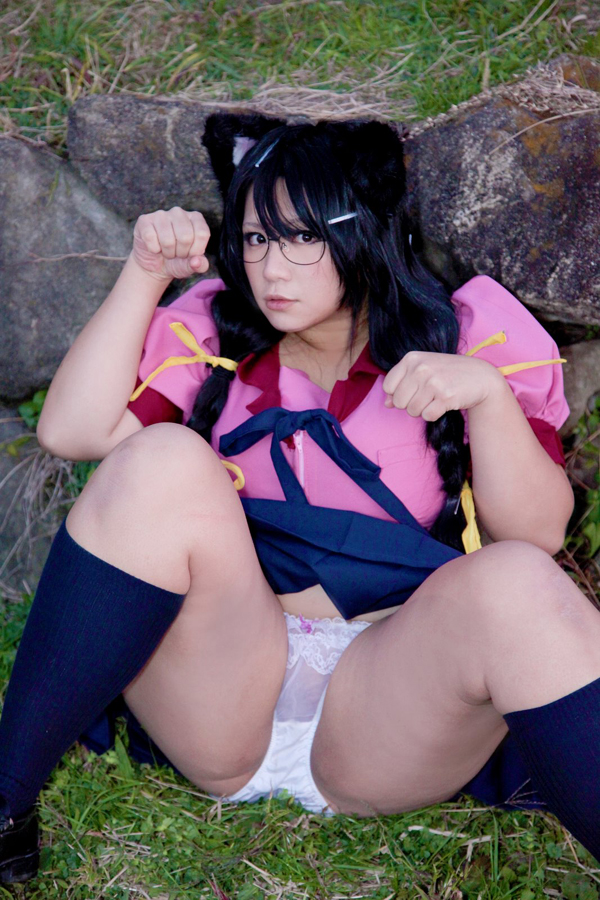 asian black_hair breasts chouzuki_maryou cosplay female glasses huge_breasts long_hair outside panties shoes skirt socks solo