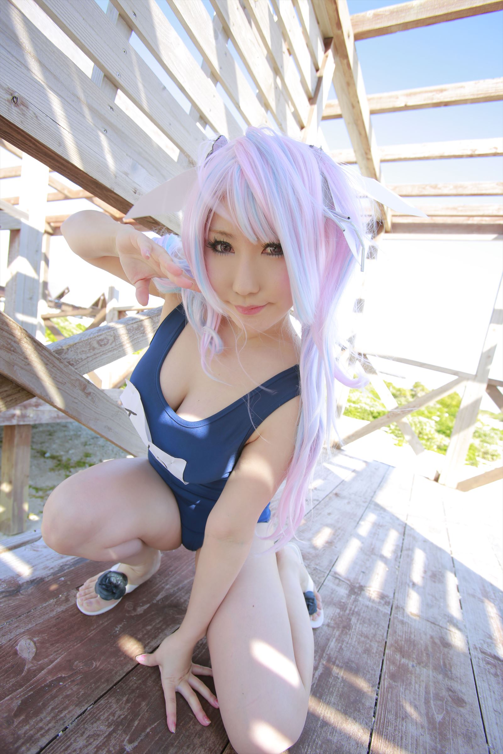 1girl asian blonde_hair breasts cleavage cosplay female i-19_(kantai_collection) kantai_collection large_breasts long_hair multicolored_hair sandals school_swimsuit shooting_star solo swimsuit toes wig