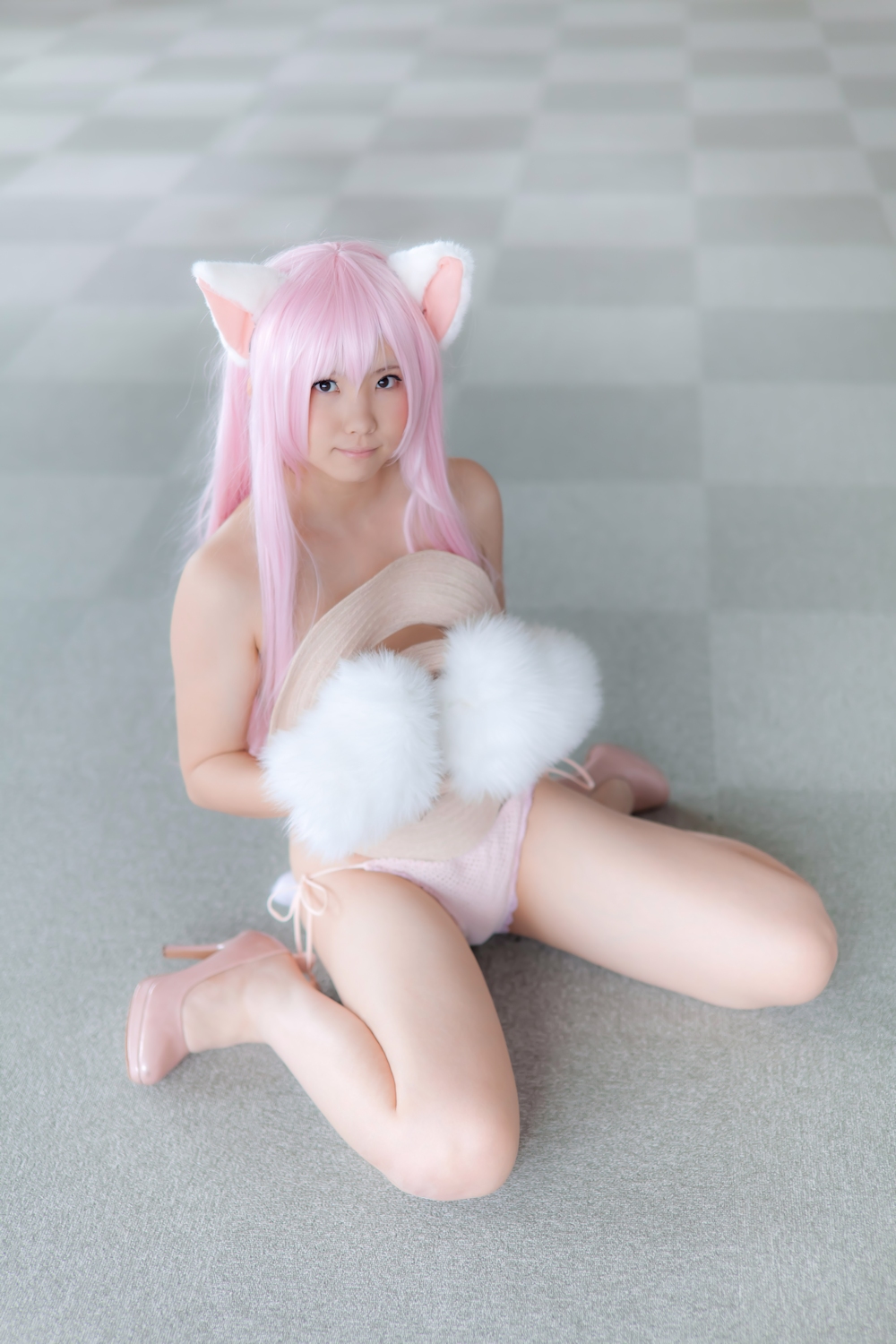 animal_ears asian breasts cosplay enako female long_hair pink_hair solo