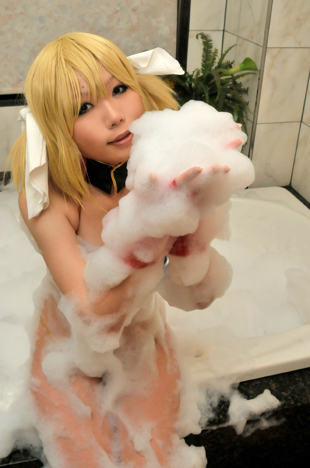 asian bikini blonde_hair breasts cosplay female gloves high_heels long_hair shoes soap socks solo twintails