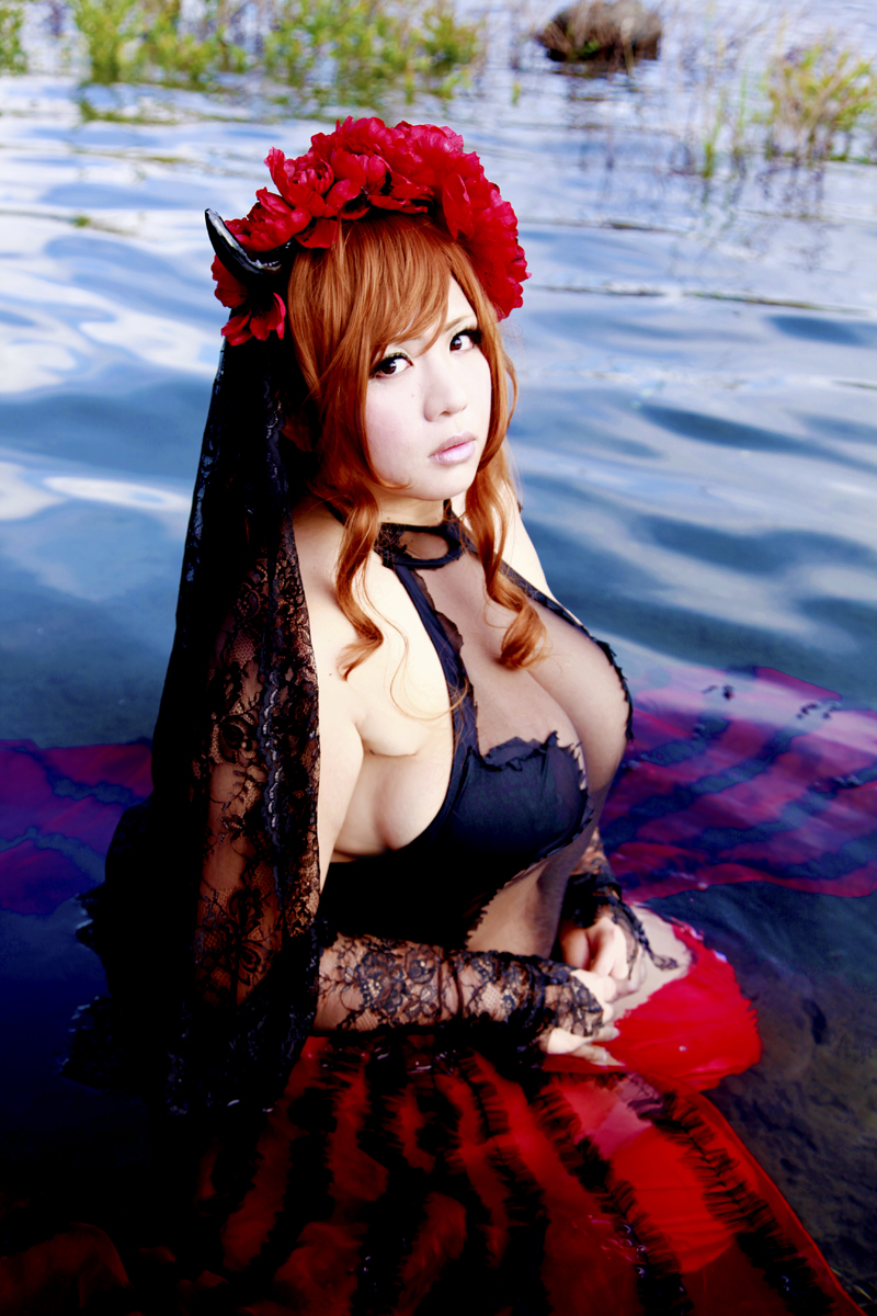 breasts brown_hair chouzuki_maryou cosplay female horn huge_breasts long_hair solo watermark