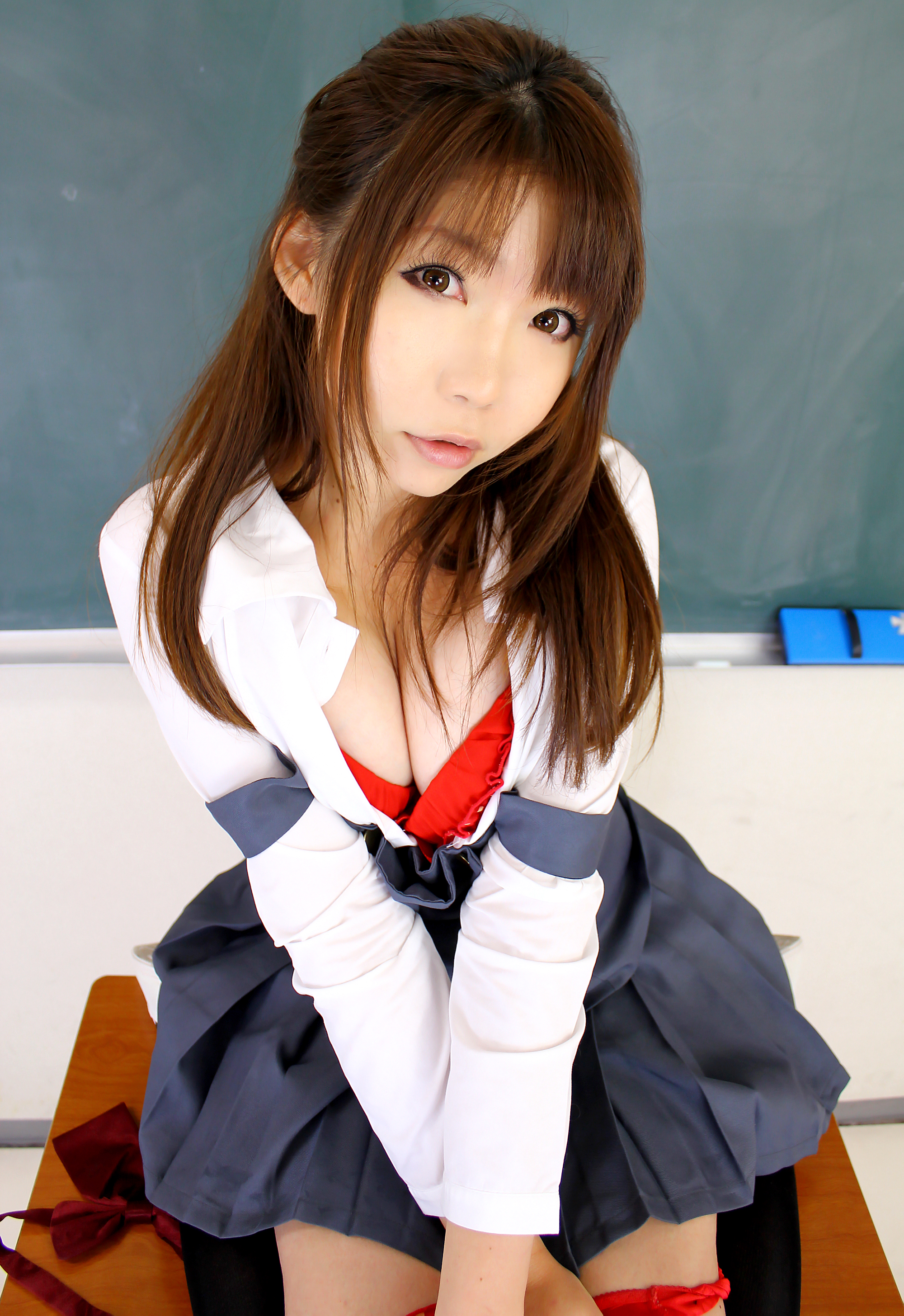 asian breasts brown_hair female long_hair rin_higurashi school shoes skirt socks solo