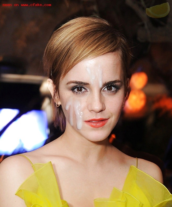 1girl celebrity clothed cum cum_on_face dark_hair dress emma_watson fakes female female_only looking_at_viewer non-nude short_hair watermark white