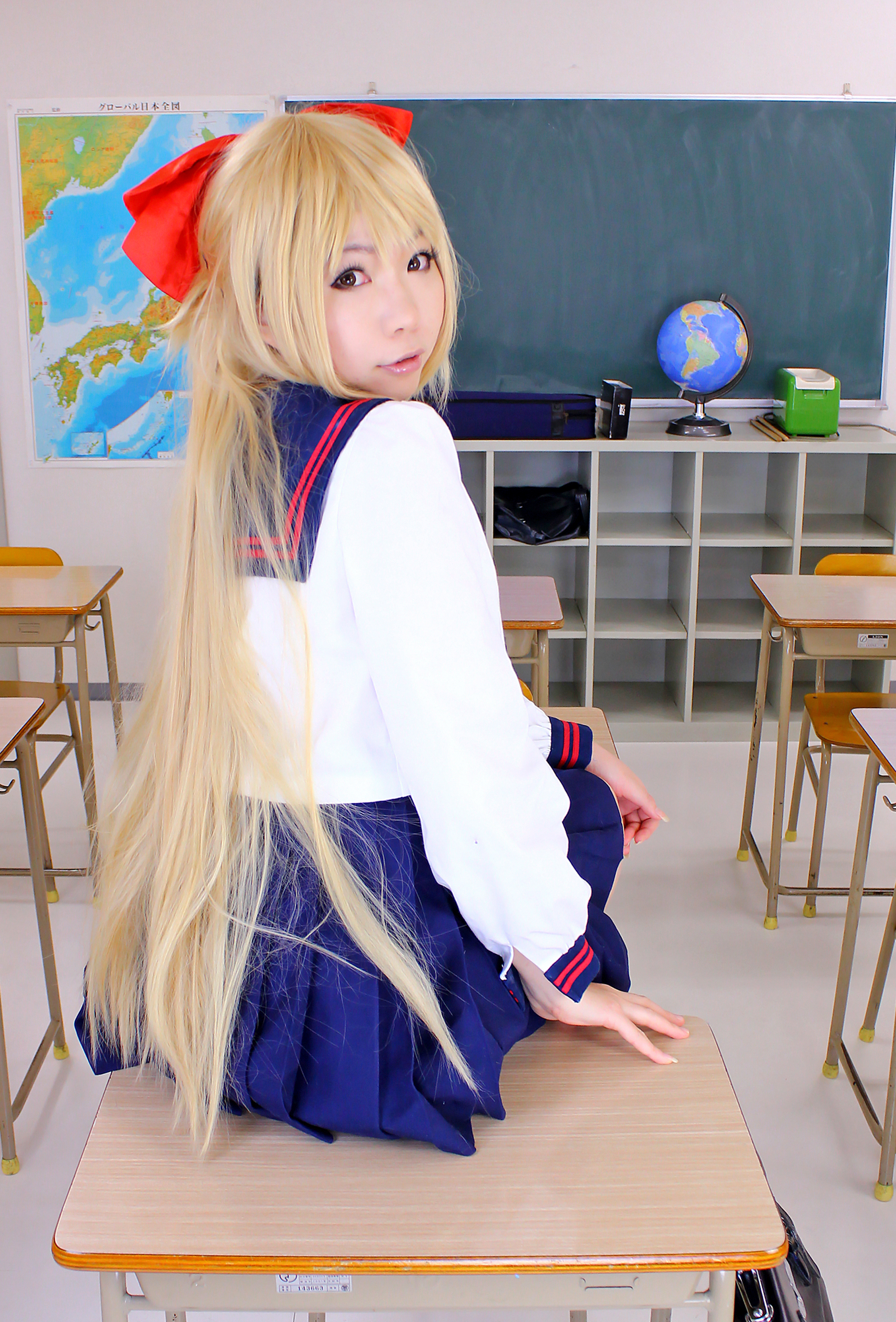 asian blonde_hair breasts female long_hair ribbon rin_higurashi school shoes skirt socks solo