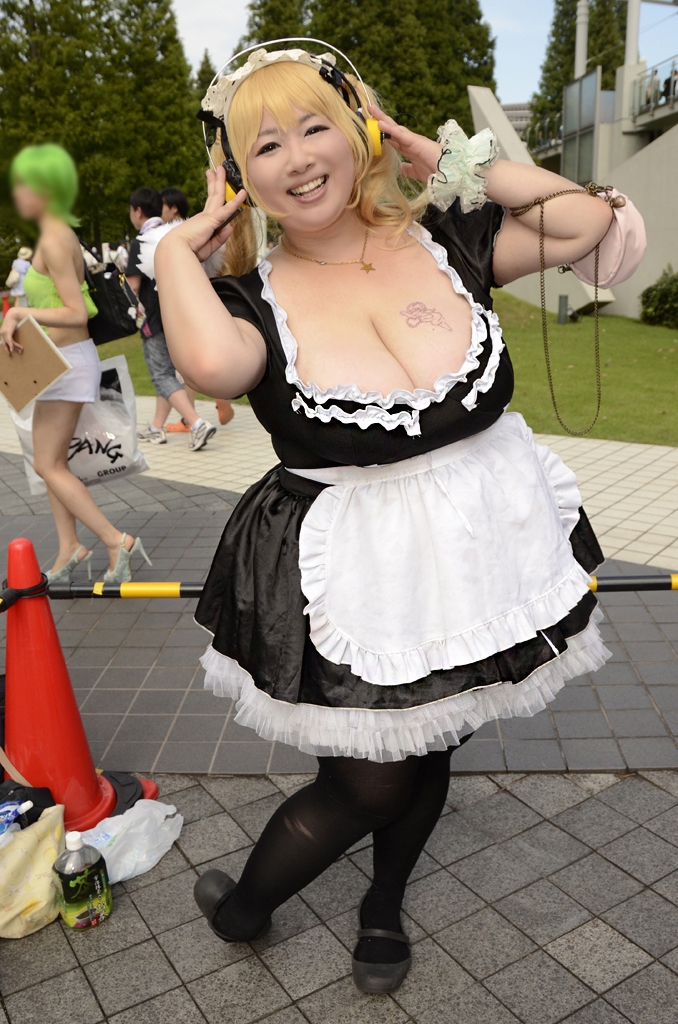 1girl asian blonde_hair breasts cleavage cosplay dress female headphones hoshima_mika huge_breasts japanese long_hair maid outside plump solo super_pochaco tattoo