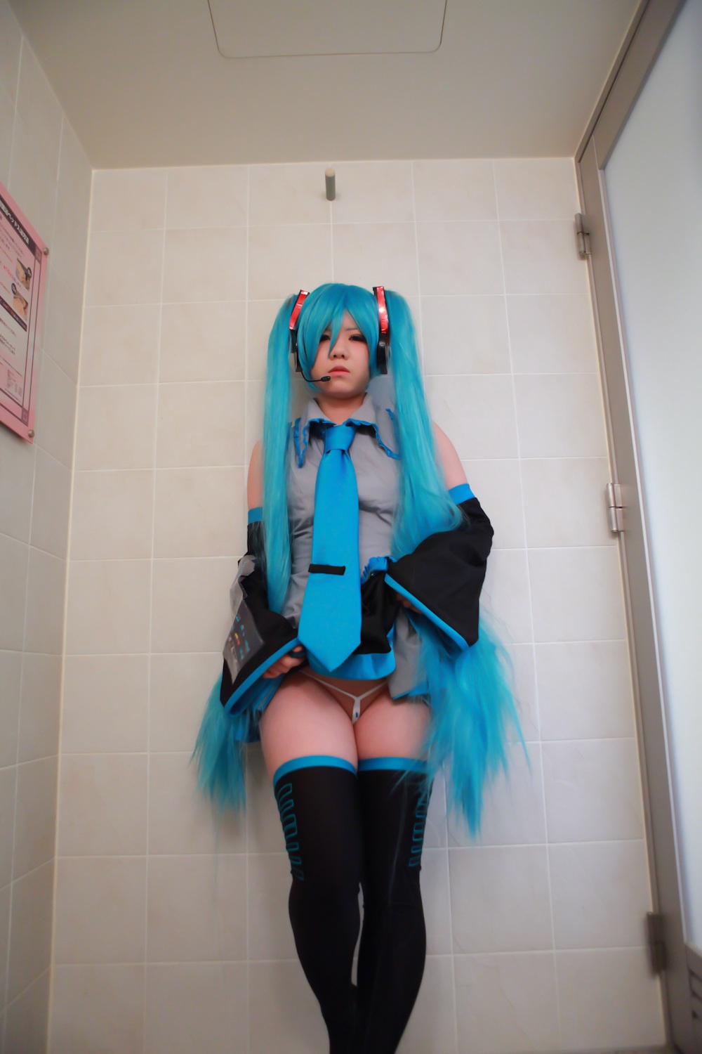 asian blue_hair breasts cosplay female headphones long_hair necktie panties skirt solo thighhighs