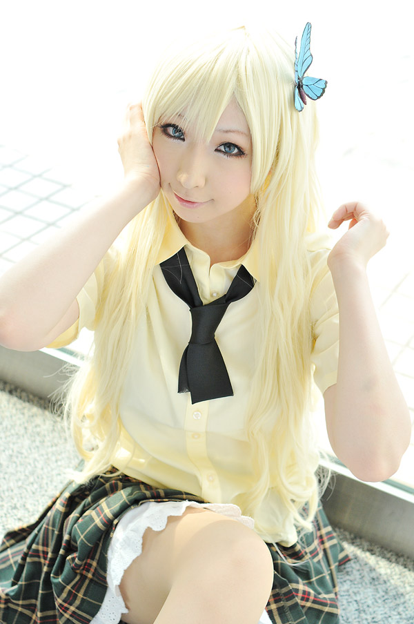 asian blonde_hair breasts cosplay female long_hair solo watermark