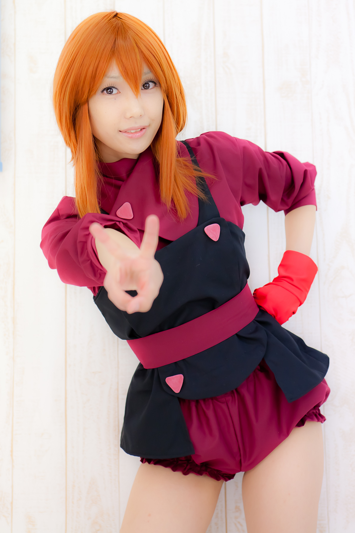 apron asian belt breasts cosplay female long_hair orange_hair sandals shoes solo