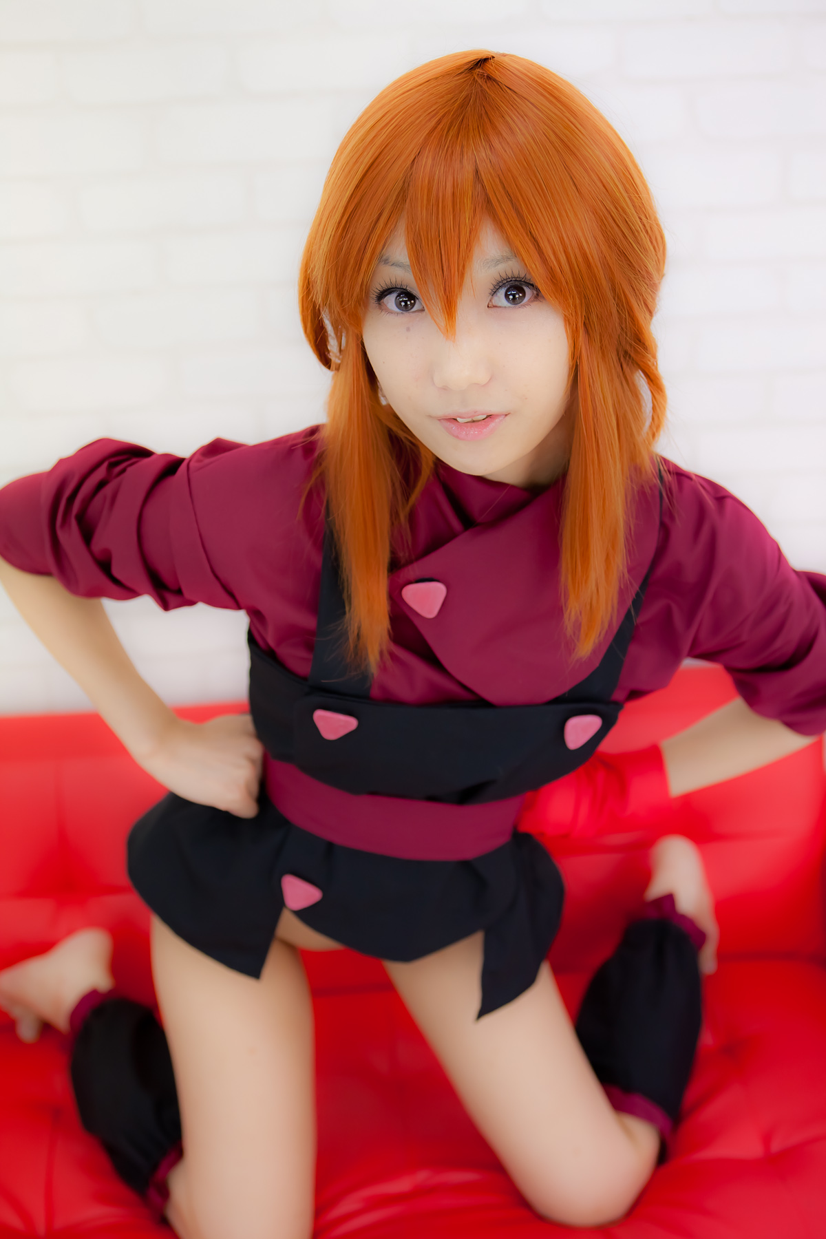 apron asian belt breasts cosplay female long_hair orange_hair sandals shoes solo