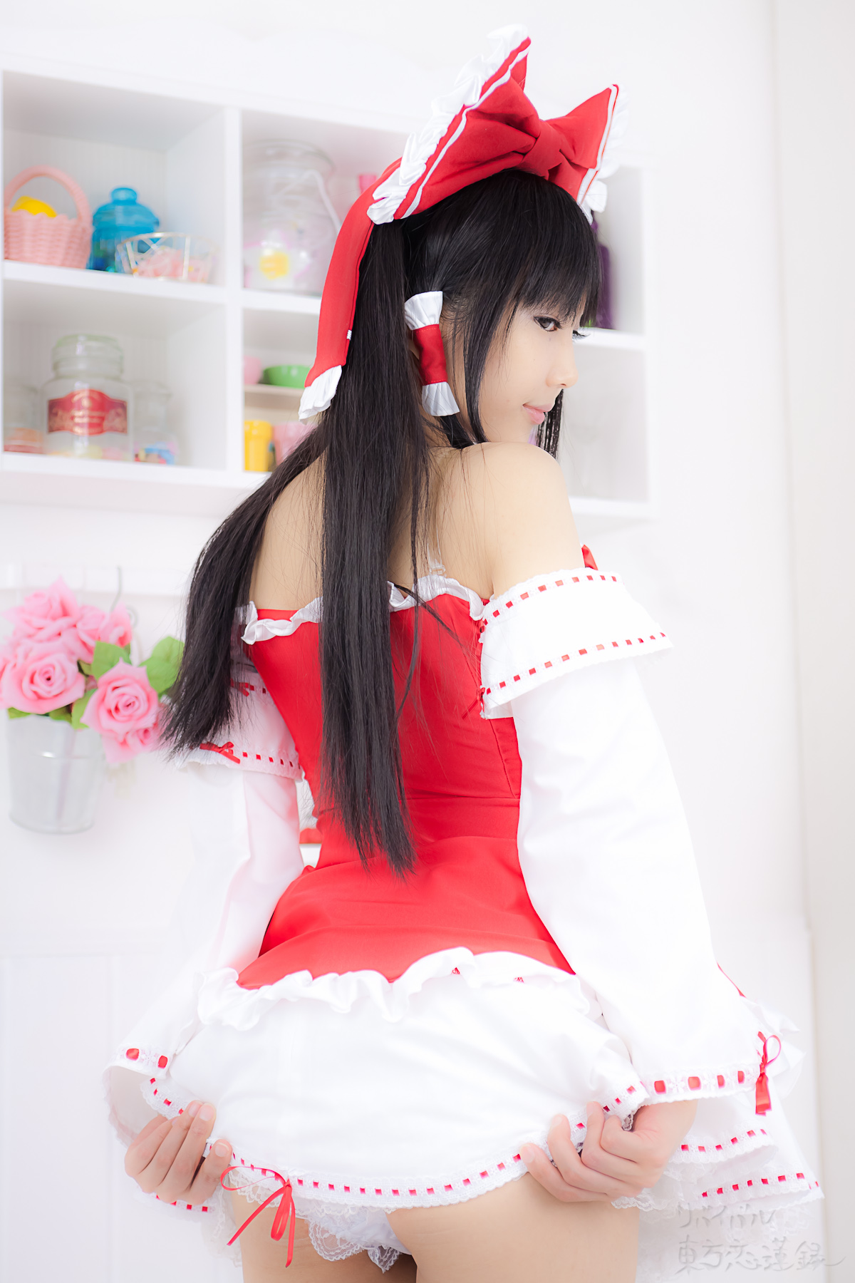 asian black_hair breasts cosplay dress female long_hair shoes solo thighhighs