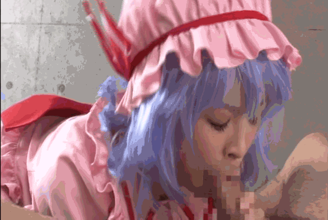 animated blue_hair censored cosplay duo faceless_male fellatio gif hair hat lowres male oral remilia_scarlet touhou
